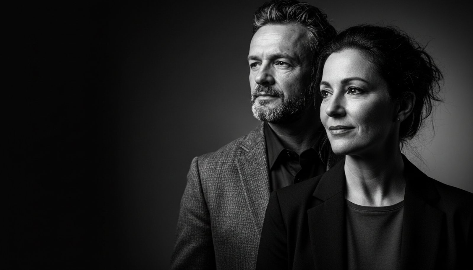 A man and a woman, both leaders, in a reflective moment